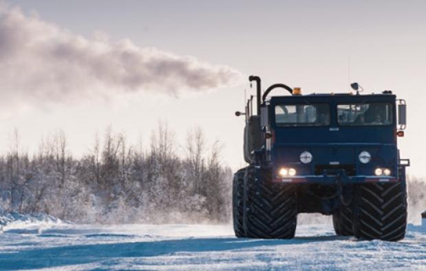 bule truck on an ice road