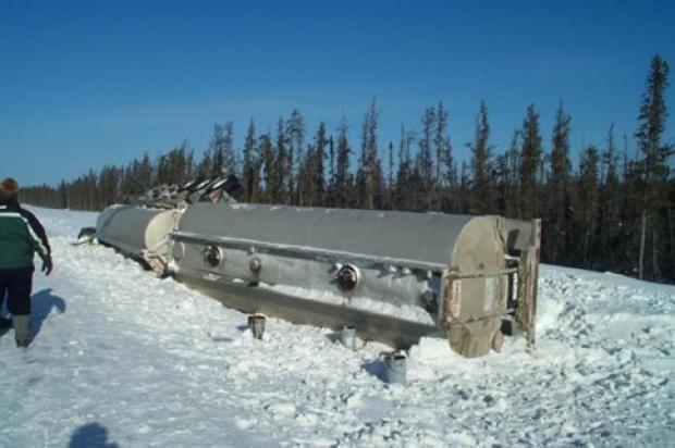 A semi truck flipped over in the snow